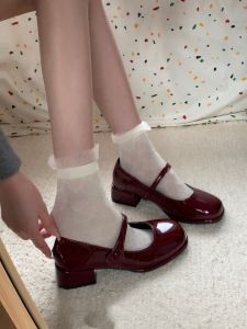 หลากสี สไตล์ฝรั่งเศส Mary Janes มีตะขอและห่วงด้านหน้า สายคล้อง ส้นกลาง ผิวสว่าง หนัง รองเท้าเดี่ยวสําหรับผู้หญิง
