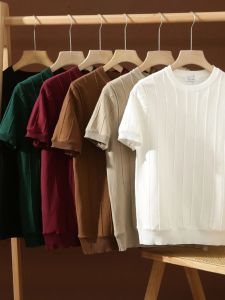 Ice Silk Knitted Short Sleeve T-Shirt Mens Comfortable Spring Summer New Style round Neck Basic Fit Daily Wear Pure Color