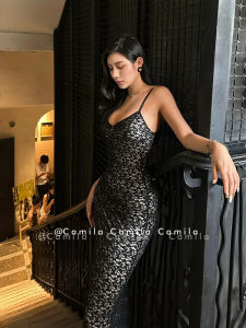 Váy Dài Không Tay Cổ Chữ V Khoét Sâu Gợi Cảm Hở Lưng Họa Tiết Hoa Hồng Bó Eo Cho Nữ Mùa Hè 2024