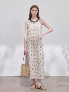 GULILI | Light Almond Flowered Sleeveless Round Neck Long Dress