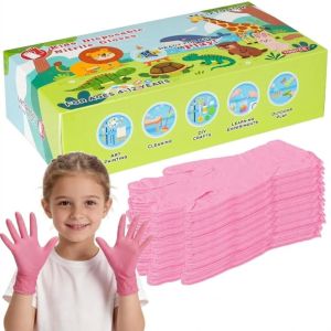Kids Pink Disposable Nitrile Gloves for Ages 4-12 XSmall Powder Latex Free Child Work Gloves for Painting Crafting Yard Festival
