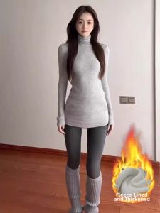 Thermal Long T-shirt For Women Slim Waist Hips Covering Autumn Winter Gray