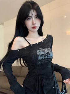 GUZILIAN | เสื้อยืดแขนยาวทรงหลวมสไตล์ย้อนยุคสไตล์อเมริกันพร้อมเชือกผูกไหล่สำหรับผู้หญิงในช่วงต้นฤดูใบไม้ร่วง