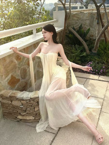 French Style Off-Shoulder Tulle Skirt Maxi Dress Women Summer Vacation Wind Bell Sleeve Lightweight Chiffon Gown