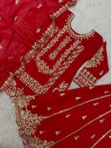 [PRE-ORDER] 2025 SEPT GRAND READYMADE RED BOLLYWOOD SUIT WITH PALAZO PANT WITH EMBROIDERY SEQUINS WORK SIZE M TO 2XL ( DELIVERY 10 WORKING DAYS) ETA: 2025 -12-30