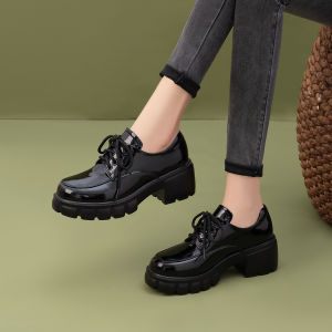 Comfortable Thick Bottom Platform Shoes Glossy Leather Single Shoes Womens New 2025 Fashionable British Style round Toe