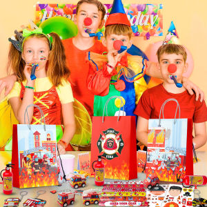 Hasbro | 72 Pcs Firefighter Birthday Favors-Fire Truck Party Bags&Truck Birthday Stickers Slap Bracelets etc Firefighting Party Favors