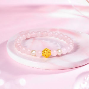 ZHOU LIU FU 周六福 24K Pure Gold Hibiscus Stone Beaded Bracelet for Women Real Gold Pearl Lucky Hydrangea Bracelet with Jewelry Box for Women Girl Mum Wife Birthday Anniversary(J1912851)