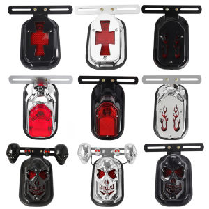 Motorcycle Rear Fender Brake Lamp w/ License Plate Lights Tombstone Skull Cross Tail Light For Harley Chopper Bobber Custom