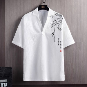 Loose Ice Silk V-Neck Short Sleeve T-Shirt Mens Summer New Style Fashion Brand Youth Popular Printed Cool Feeling Top