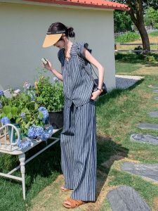 ทันสมัย ชุดลายทางผู้หญิง ฤดูร้อน แขนกุด เสื้อท่อนบน ขากว้าง กางเกง เรียบหรู พรางหุ่น สองชิ้น ชุดสูท Cici Lady Brand