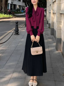 Pink Chiffon Shirt Set Womens New Autumn High-End Belted Top Pleated Mini Skirt Two-Piece Set Korean Style Straight Cut