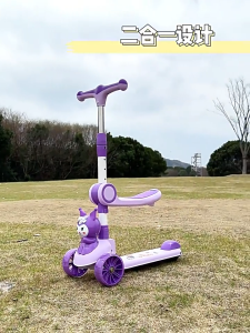 2 in 1 Kids Scooter with Detachable Seat Adjustable Height Handlebar LED Flashing Wheels Music Light One Click Fold Cartoon Toddler Sit and Glide Ride On Toy Outdoor Gift for Boys Girls Ages 1-7