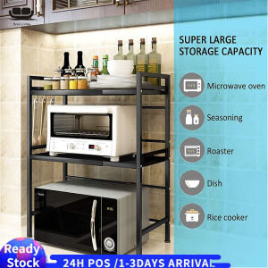 【Local delivery in Malaysia】Expandable Microwave Shelf 3 Tier Microwave Stand Microwave Oven Rack with 6 Hooks Microwave Shelf Stand Desktop Printer Shelf Rack Bakers Rack Kitchen Countertop Organiser Shelves
