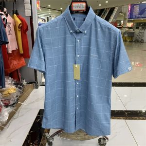 ผู้ชายคลาสสิก ลายสก็อต เสื้อแขนสั้นผ้าฝ้าย 82 สลิมฟิต ฤดูร้อนผ้าบางเสื้อลำลองแบบไร้แท็กชายรุ่นสำหรับธุรกิจ