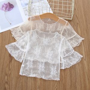 Girls Lace Short Sleeve Mesh Base Shirt Thin Summer Bell Sleeve Top Underdress Sun Protection Shirt for Babies Kids Toddler Girls