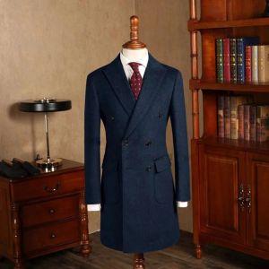 Navy Blue/Black Winter Men Coat Double Breasted Peak Lapel Woolen Overcoat Slim Fit Groom Blazer Daily Suits Tuxedo Long Coat