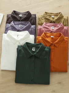 Pure Cotton Long Sleeve Shirt Womens Pointed Collar Simple Match Soft Skin-friendly Spring Autumn Base Top Double Layer Cotton Thread