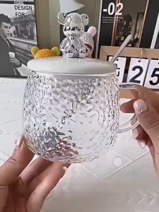 Gelas Tutup Beruang Kaca 350ml Kemasan Box Asli SH