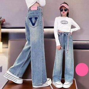 Girls Denim Wide-Leg Trousers Autumn Style Girls Straight-Leg Trousers Loose-Fitting Medium-Sized Childrens Denim Trousers