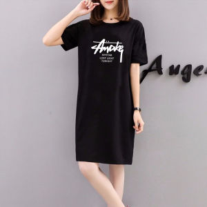 round Neck Short Sleeve Cartoon Print Mid-Length Over-Hip T-Shirt Womens plus Size Home Dress Loose Fit Korean Style Summer Top