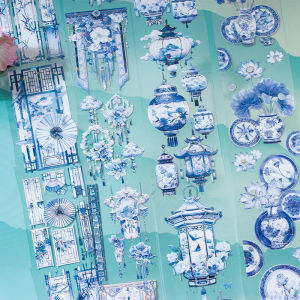 Nebula Society Pet Shell Light Tape Blue and White Porcelain Azure National Style Hand Account Flow Hemp Landscape Collage Decorative Tapes