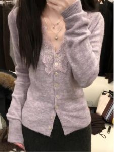 เสื้อชั้นในถักคอวีแขนยาวผ้าลูกไม้สีม่วง ทรงสลิมฟิต สำหรับผู้หญิง ฤดูใบไม้ร่วง/ฤดูหนาว เสื้อชั้นในสไตล์เกาหลี แขนยาว คอวี