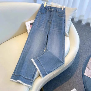 Quần Jeans Ống Thẳng Rộng Cạp Cao Thời Trang Cho Nữ Quần Jeans Denim Ôm Dáng Mùa Xuân Mùa Hè Quần Ống Rộng Thêu Hoa