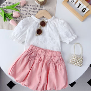 Bear Leader 3-7 Years Old Baby Girls Clothing Set Round Neck Bubble Sleeve Pleated Top+flower Bud Shorts 2pcs Set 2023 New Summer