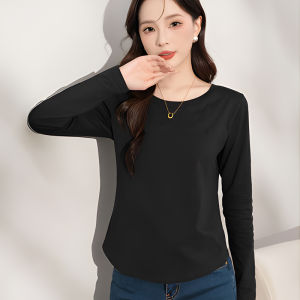 White round Neck Asymmetrical Pure Cotton Long Sleeve Womens T-shirt Slim Fit High End Feeling Spring New Style Commute
