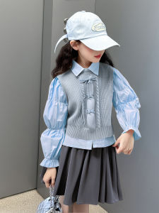 MPW | Girls Preppy Style Knitted Sweater Set Skirt Three-Piece Set Spring Autumn Floral Print Long Sleeve Elastic Waist Dress