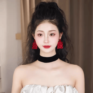 New Wedding Celebration Chinese Style Earrings in Red Flag Design for Brides Luxury Large Airy Alloy Plated Gold and Silver Jewelry