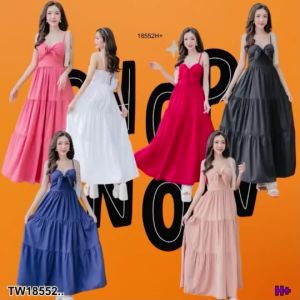 CH18552✨เดรสยาวสีพื้น ด้านหน้าผูกโบว์ตรงอกได้