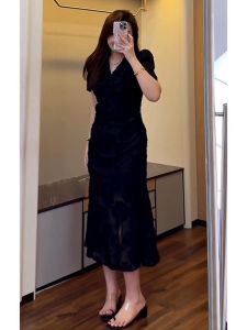 Plus Size Fat Girl French Style Slim Looking Belly Covering Black Dress Womens Summer Meat Hiding Mori Girl Elegant Short and Long Skirt