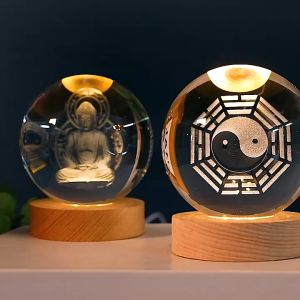 โคมไฟตั้งโต๊ะ ลูกแก้วคริสตัล ขนาด 6cm/8cm สลักลาย3มิติ เสริมฮวงจุ้ย พร้อมฐานไฟLED ประดับตกแต่งบ้าน