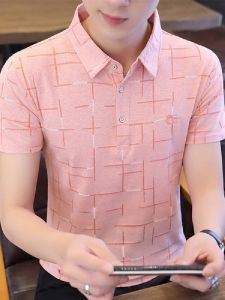 Áo thun polo lụa băng thời trang dành cho nam Áo thun cotton ngắn tay và polyester pha trộn thường ngày có ve áo và hoa văn kẻ sọc