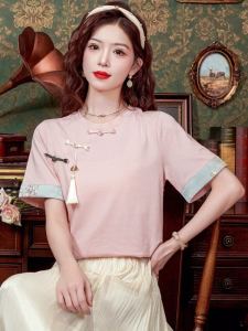 New Chinese Style Loose Fit Short Sleeve T-Shirt Womens Summer Top Asymmetric Design Button Detail Commute Wear Round Neck