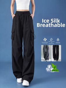 YAYANGREN | Black Silk Like Moisture-wicking Straight Leg Baggy Cargo Pants