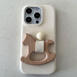 Dopamine Leather Texture Wooden Horse Ring Phone Case Creative Personalized  17Promax 16Pro Female Model 14Promax 15 Stand 13 Protective Cover 12 Full Wrap Anti-Fall