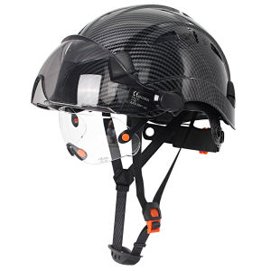 Carbon Fiber Pattern Safety Helmet with Visor and Built-in Goggles Vented ABS Hard Hat Work Helmet 6-Point Suspension ANSI