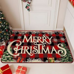 VIKAMA Merry Christmas Red Truck Door Mat Vintage Truck Tree Gift Buffalo Plaid Border Entryway Floor Rug Non Slip Decor