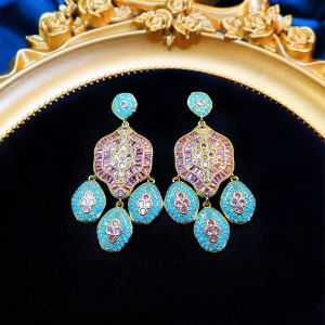SEQUITO Newest Style Ladies Ear Jewelry Pave Settings Multicolor AAAAA Cubic Zirconia Yellow Gold Plated Chandelier Drop Earrings SE1034