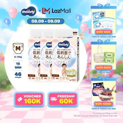 [12-14.08 QUÀ TẶNG SLCH] Combo 3 tã dán Moony Dịu Nhẹ siêu cao cấp M46 miếng - Nhập khẩu từ Nhật Bản