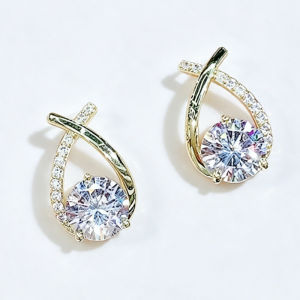 Huitan Gold Color Cross Stud Earrings for Women Round Big CZ Geometric Sparkling Bridal Party Fashion Wedding Elegant Jewelry