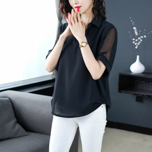 Black Short Sleeve V-Neck Chiffon Top Summer New Style Womens plus Size Clothing Korean Version Mesh Sunscreen Sleeve Covers
