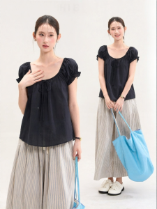 HTMEME | Delicate Korean Design Tie Waist Puff Sleeve Shirt