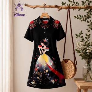 Disney | New Anime Womens Disney Princess Print Polo Collar Mini Dress Summer A-line Dresses for Woman Casual Beach Clothes Streetwear