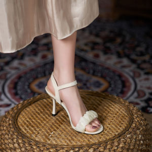 Giày Cao Gót Mùa Hè 41-44 Cỡ Lớn Gót Mỏng Rộng Thắt Nơ Hở Mũi Cho Nữ Cỡ Nhỏ Thắt Nơ Lụa Giày Cao Gót Mũi Tròn Cao Su