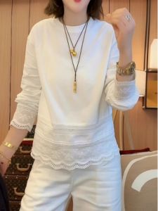 Large Size Lace Patchwork Pure Cotton White Base Shirt Womens Long Sleeve T-Shirt Loose Casual Top Spring New Style
