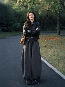 XUECAIQI | Sleek Style Womens Outfit Set Motorcycle Jacket & Trousers